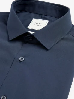 Marineblauw - Slim Fit - Strijkvrij net overhemd met enkele manchet