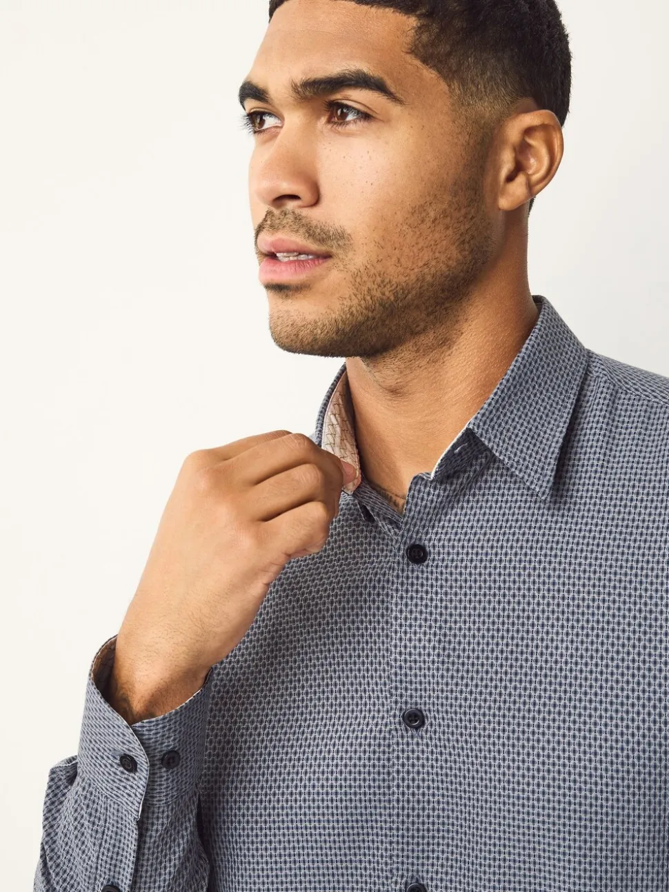 Marineblauw - Smart Cotton Rich Trimmed Textured Shirt