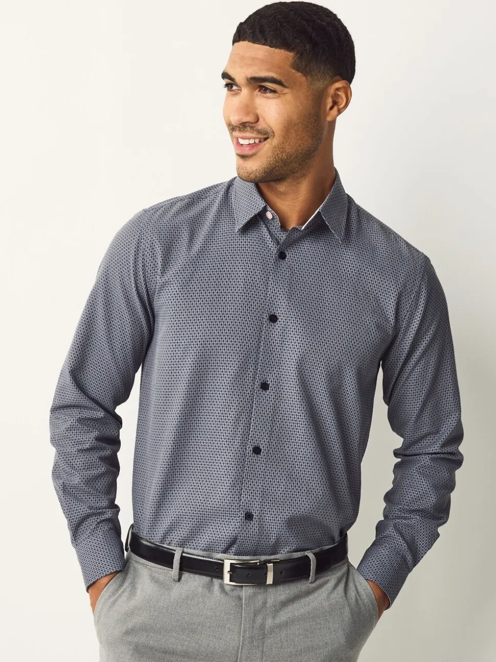 Marineblauw - Smart Cotton Rich Trimmed Textured Shirt