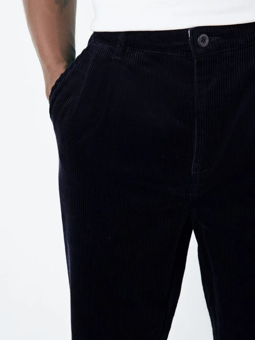 Marineblauw - Standaard toelopende pasvorm - Corduroy Single Pleated Trousers