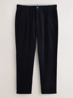 Marineblauw - Standaard toelopende pasvorm - Corduroy Single Pleated Trousers