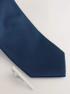 Marineblauw - Stropdas met textuur en dasspeld