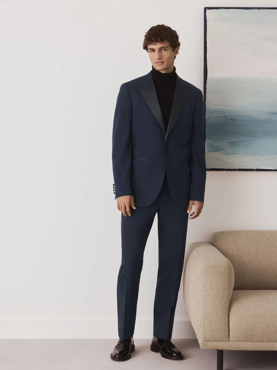 Marineblauw - Tailored Fit Wool Blend Motionflex Tuxedo Suit Jacket