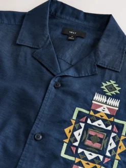 Marineblauw - Textured Embroidered Navajo Style Short Sleeve Shirt