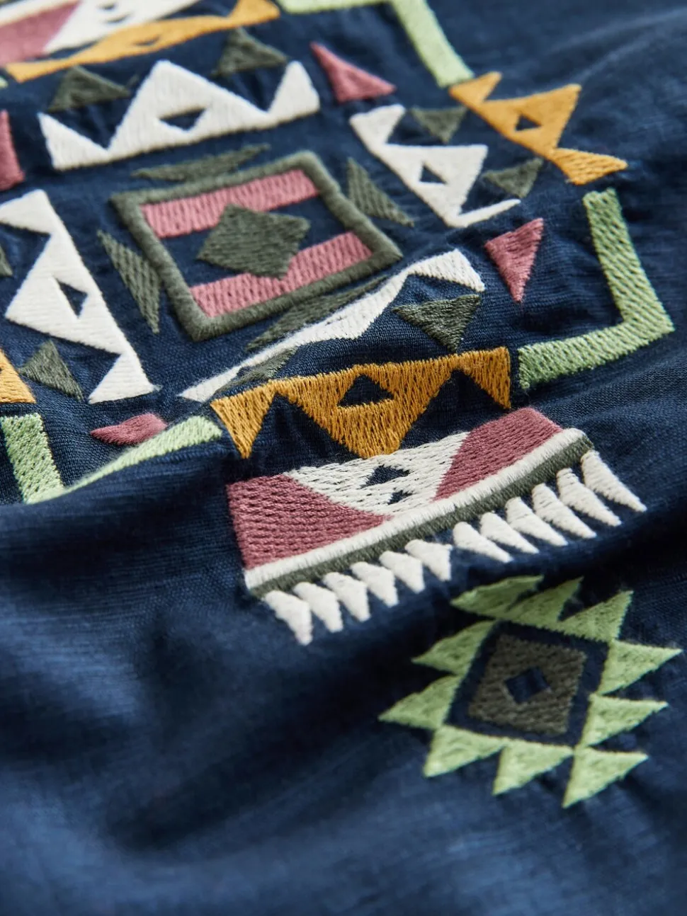 Marineblauw - Textured Embroidered Navajo Style Short Sleeve Shirt