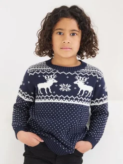 Marineblauw - The Little Tailor kinderkersttrui met rendier-fairislepatroon