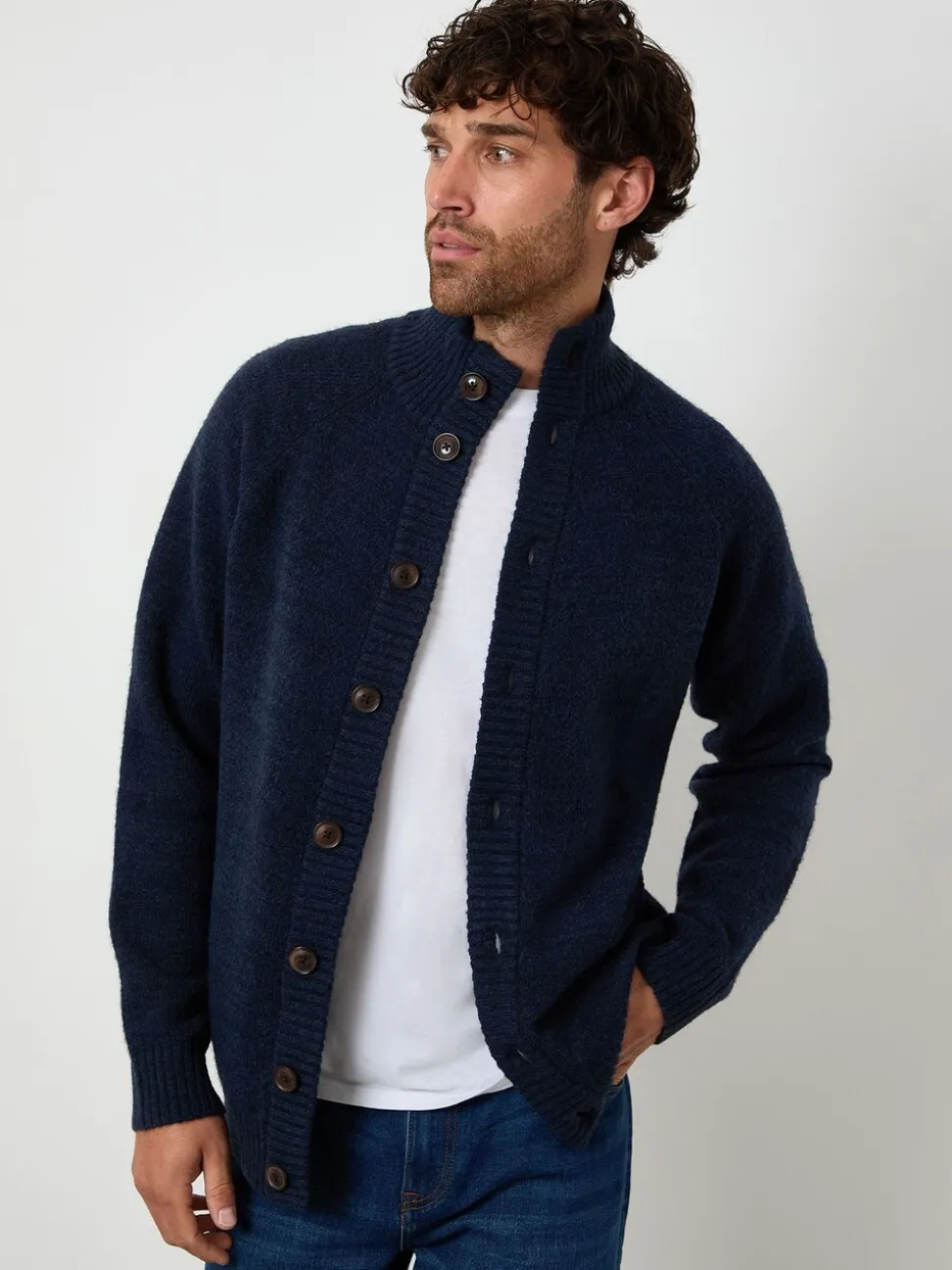 Marineblauw - Threadbare Funnel Neck Button Up Knitted Cardigan
