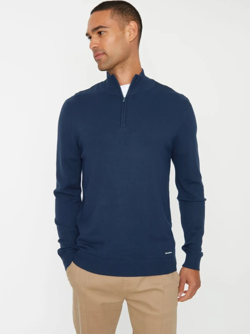 Marineblauw - Threadbare gebreide trui met korte trechterrits
