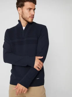 Marineblauw - Threadbare gebreide trui met kwartrits en geribbelde details