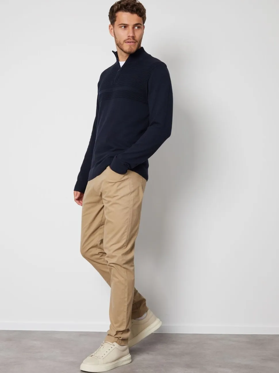 Marineblauw - Threadbare gebreide trui met kwartrits en geribbelde details