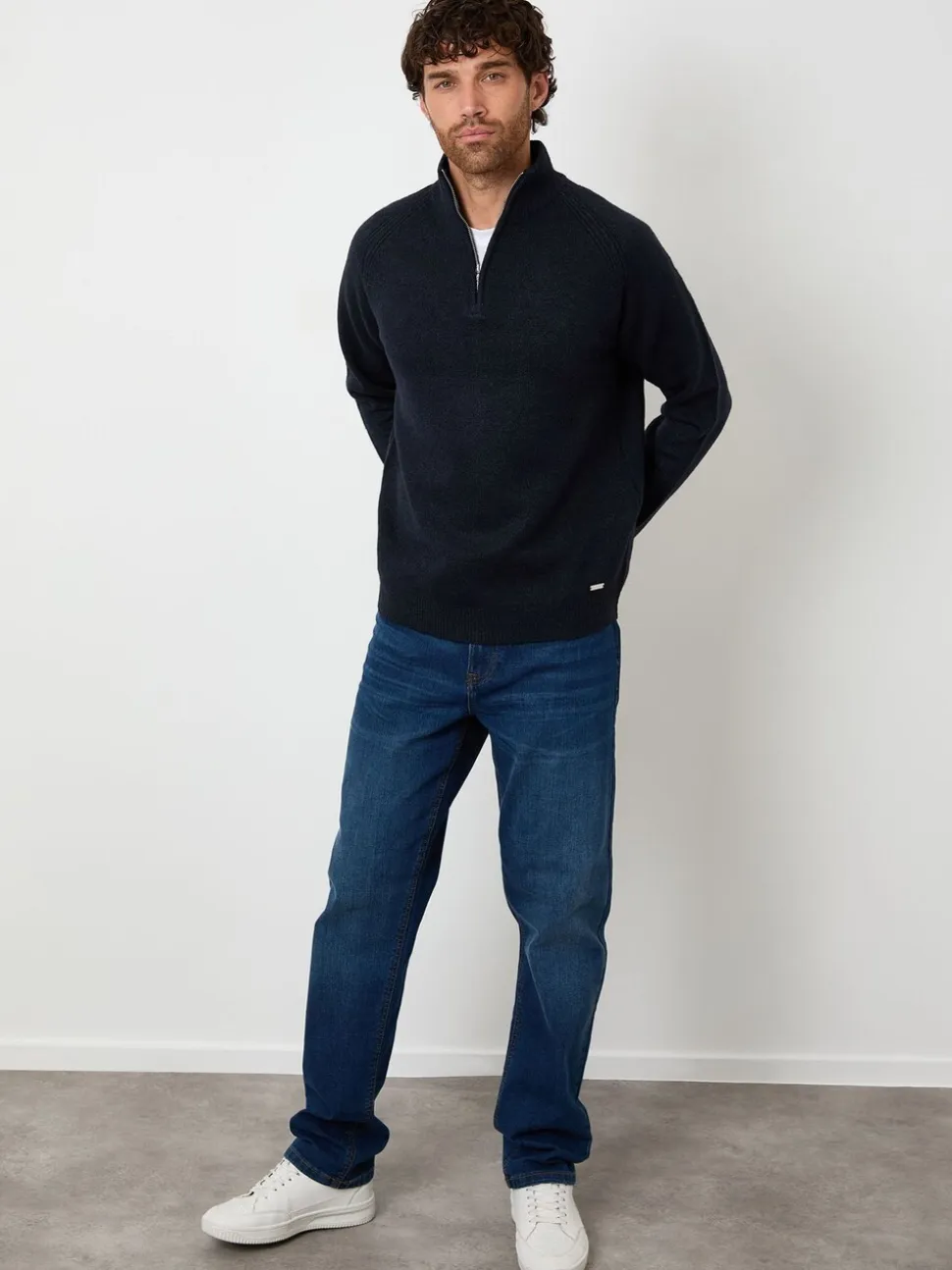Marineblauw - Threadbare Raglan Rib Quarter Zip Knitted Jumper