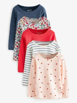 Marineblauw - Verpakking van 5 geribbelde tops met lange mouwen (3mnd -7jaar)
