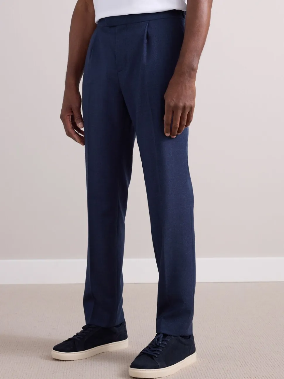 Marineblauw - Wollen Rijke Slim Textuur Broek Met Zijverstellers