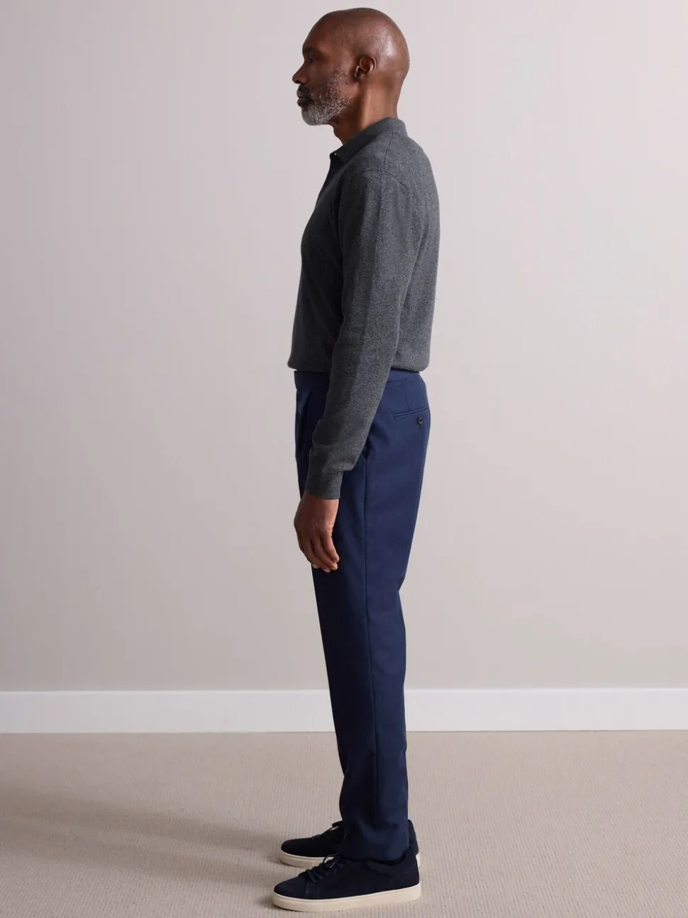 Marineblauw - Wollen Rijke Slim Textuur Broek Met Zijverstellers