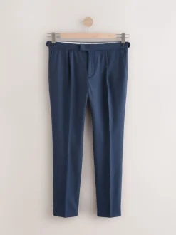 Marineblauw - Wollen Rijke Slim Textuur Broek Met Zijverstellers