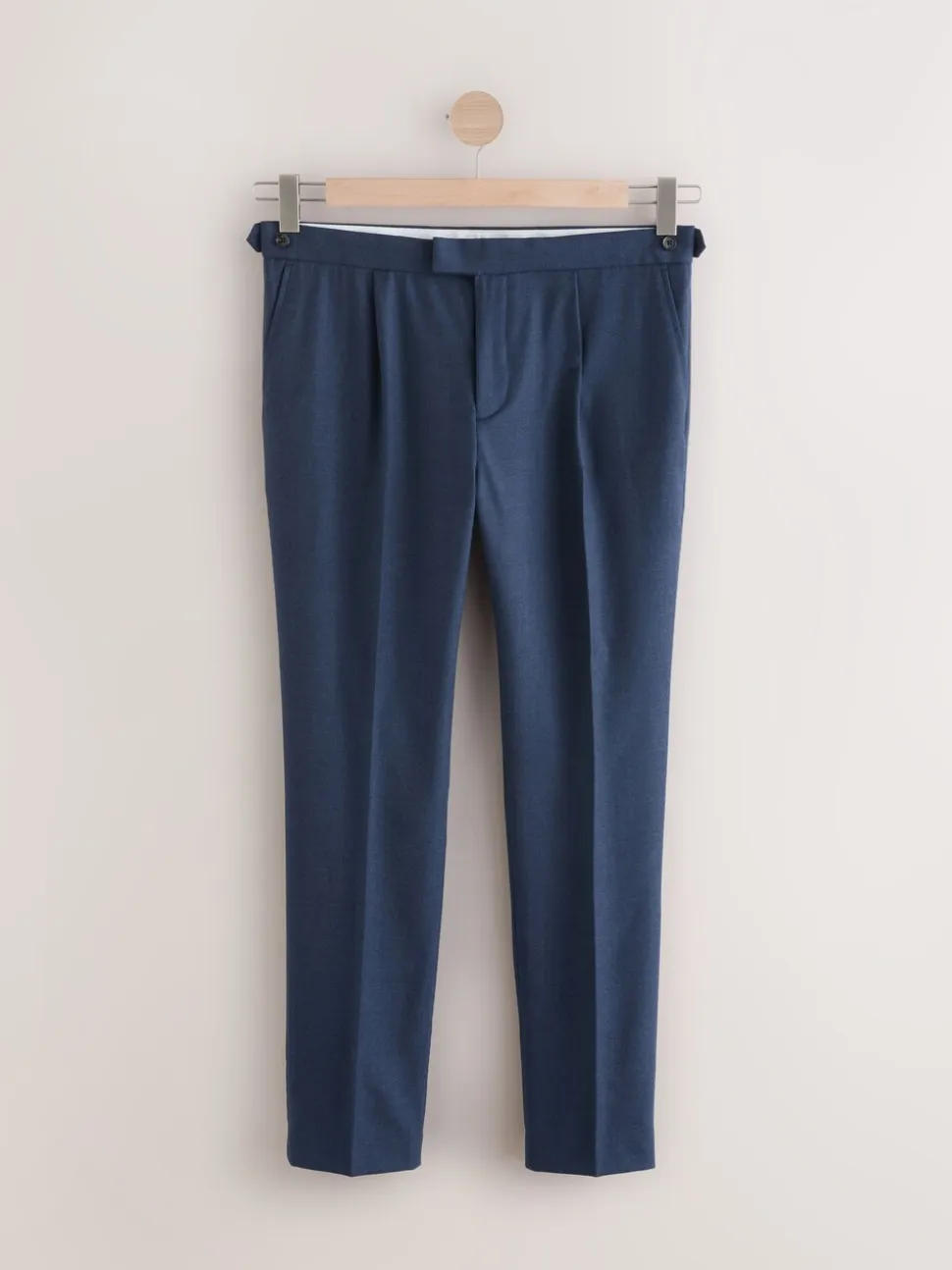 Marineblauw - Wollen Rijke Slim Textuur Broek Met Zijverstellers