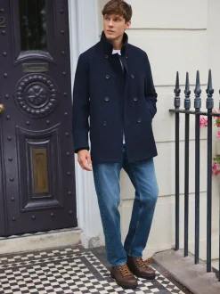 Marineblauw - Wool Rich Double Breasted Funnel Coat