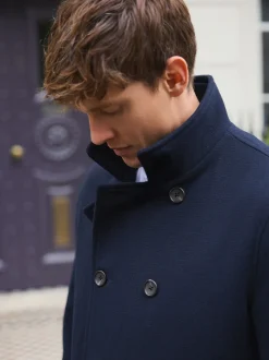 Marineblauw - Wool Rich Double Breasted Funnel Coat
