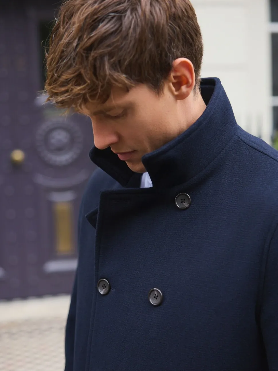 Marineblauw - Wool Rich Double Breasted Funnel Coat