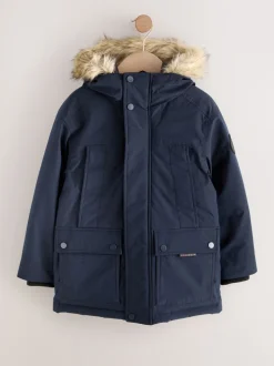 Marineblauw - Zware regenbestendige parka met imitatiebontrand (3-16jr)
