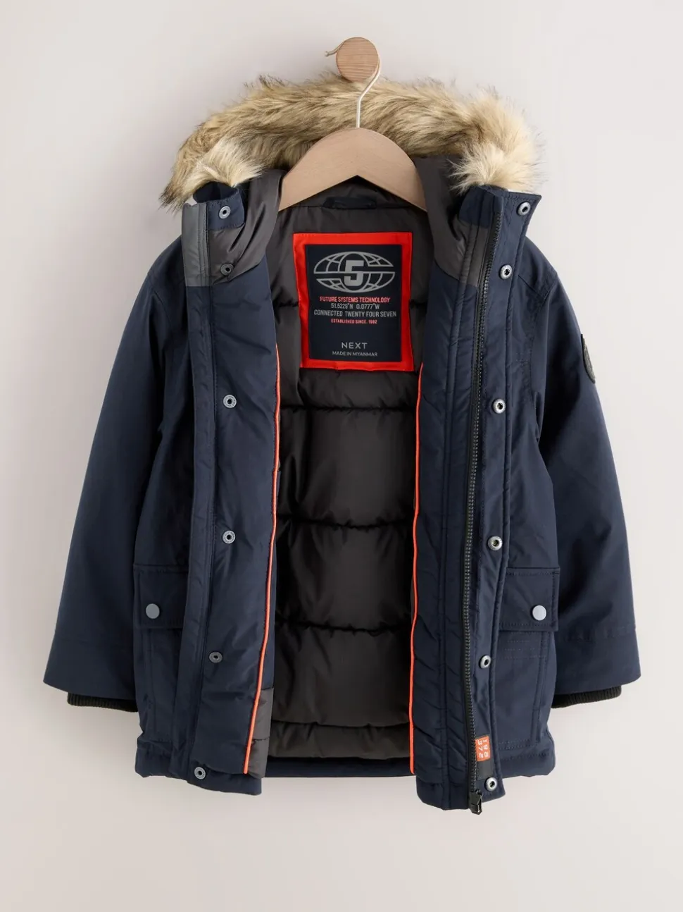 Marineblauw - Zware regenbestendige parka met imitatiebontrand (3-16jr)