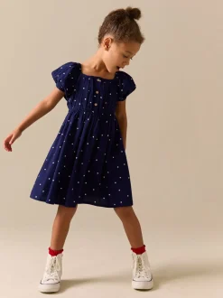 Marineblauw blauw gestippeld - Short Sleeve Dress (3-16yrs)