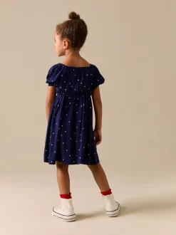 Marineblauw blauw gestippeld - Short Sleeve Dress (3-16yrs)