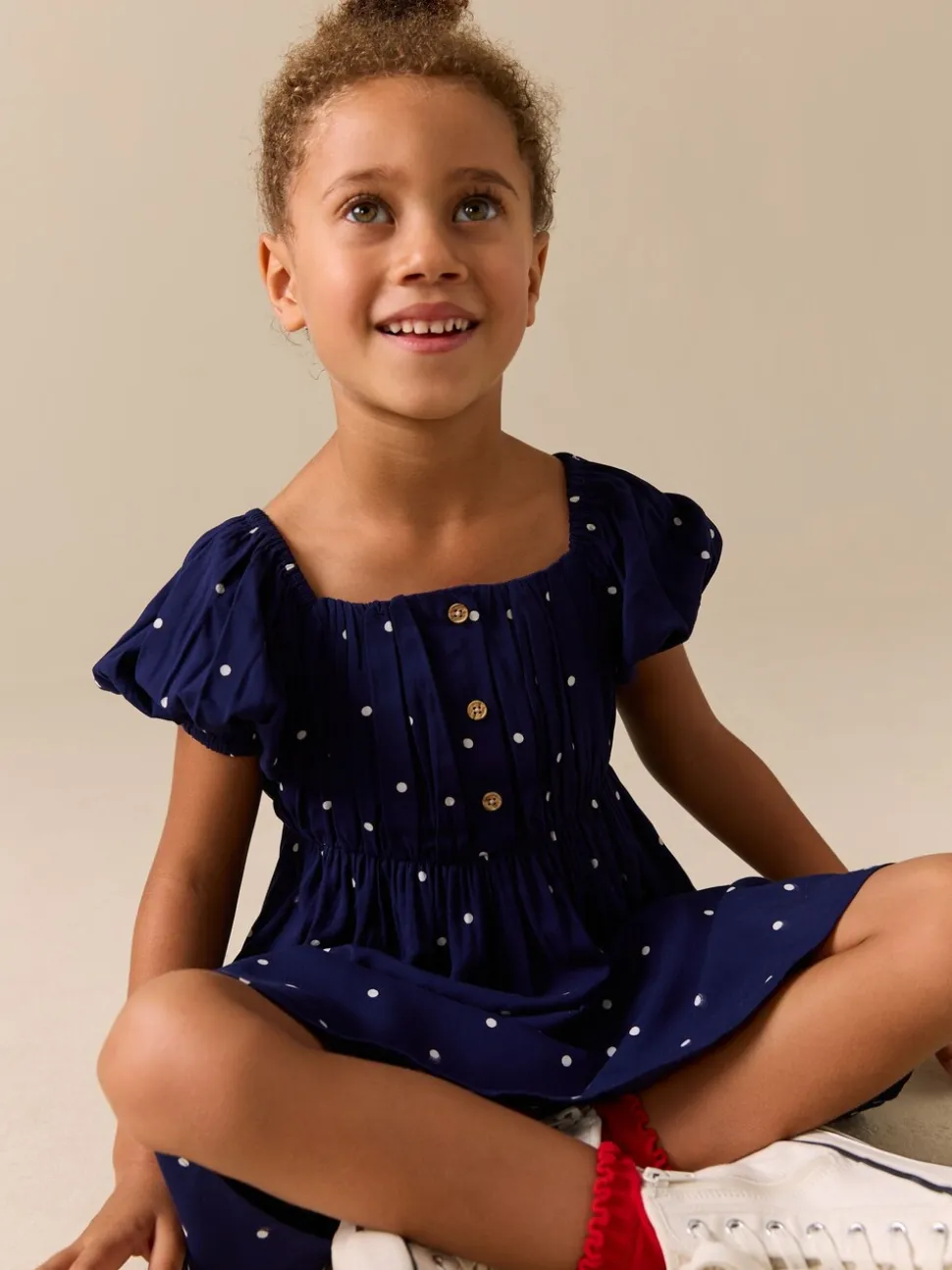 Marineblauw blauw gestippeld - Short Sleeve Dress (3-16yrs)