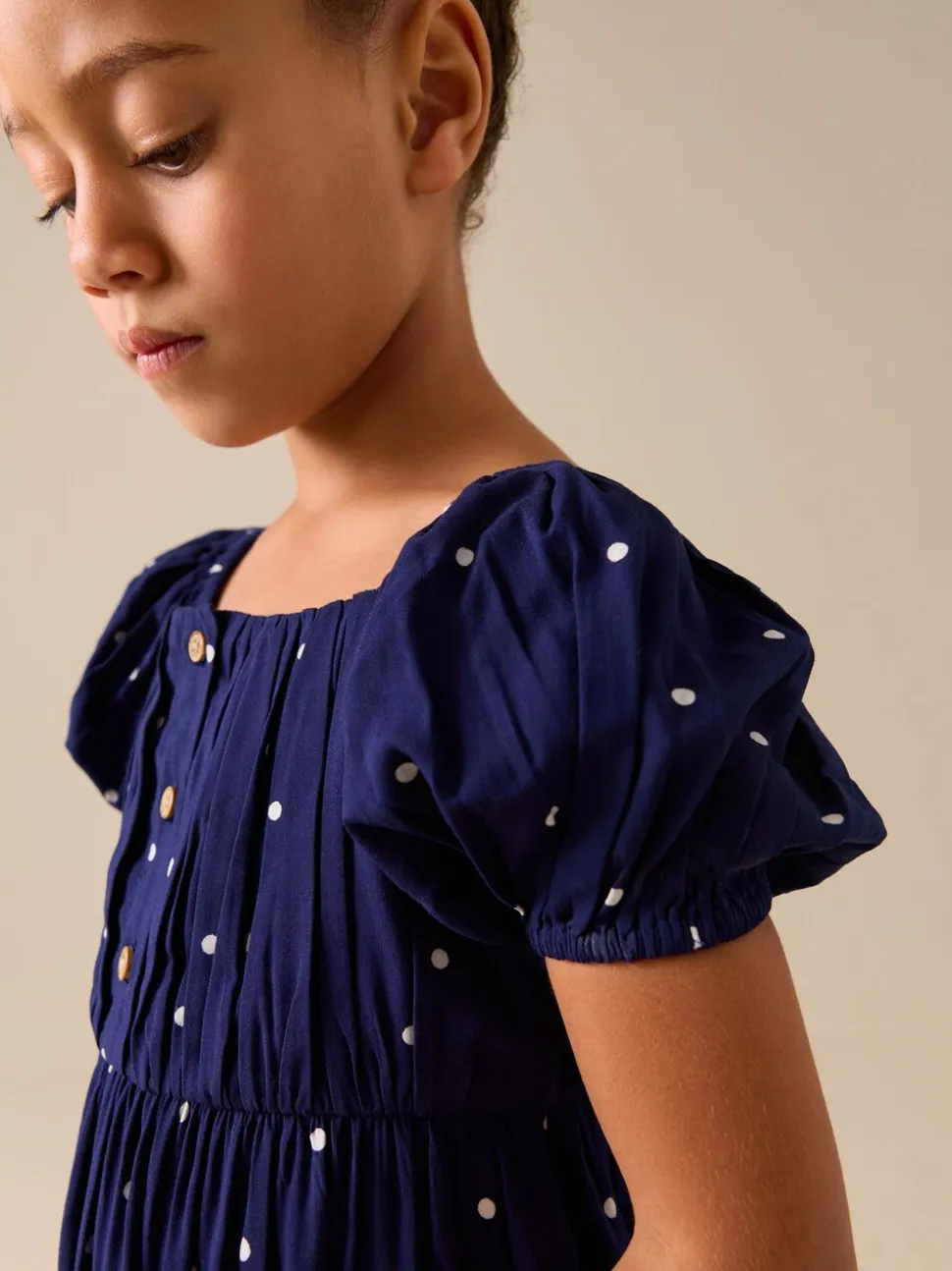 Marineblauw blauw gestippeld - Short Sleeve Dress (3-16yrs)