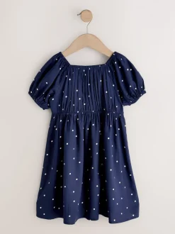 Marineblauw blauw gestippeld - Short Sleeve Dress (3-16yrs)