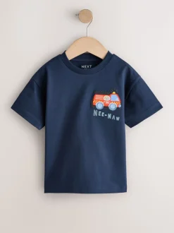 Marineblauw brandweerwagen - T-shirt met korte mouwen en applicatie (3 mnd - 7 jr)