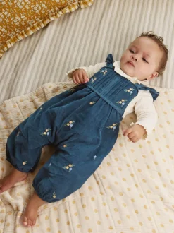 Marineblauw geborduurd - Baby Print Bodysuit met Lange mouwen en Corduroy bretelbroeken Set 2 Pieces (0mnd -2jr)