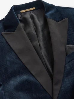 Marineblauw geometrisch - Slim Fit - Fluwelen blazer met patroon