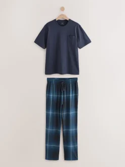 Marineblauw geruit - Jersey pyjama met korte mouwen