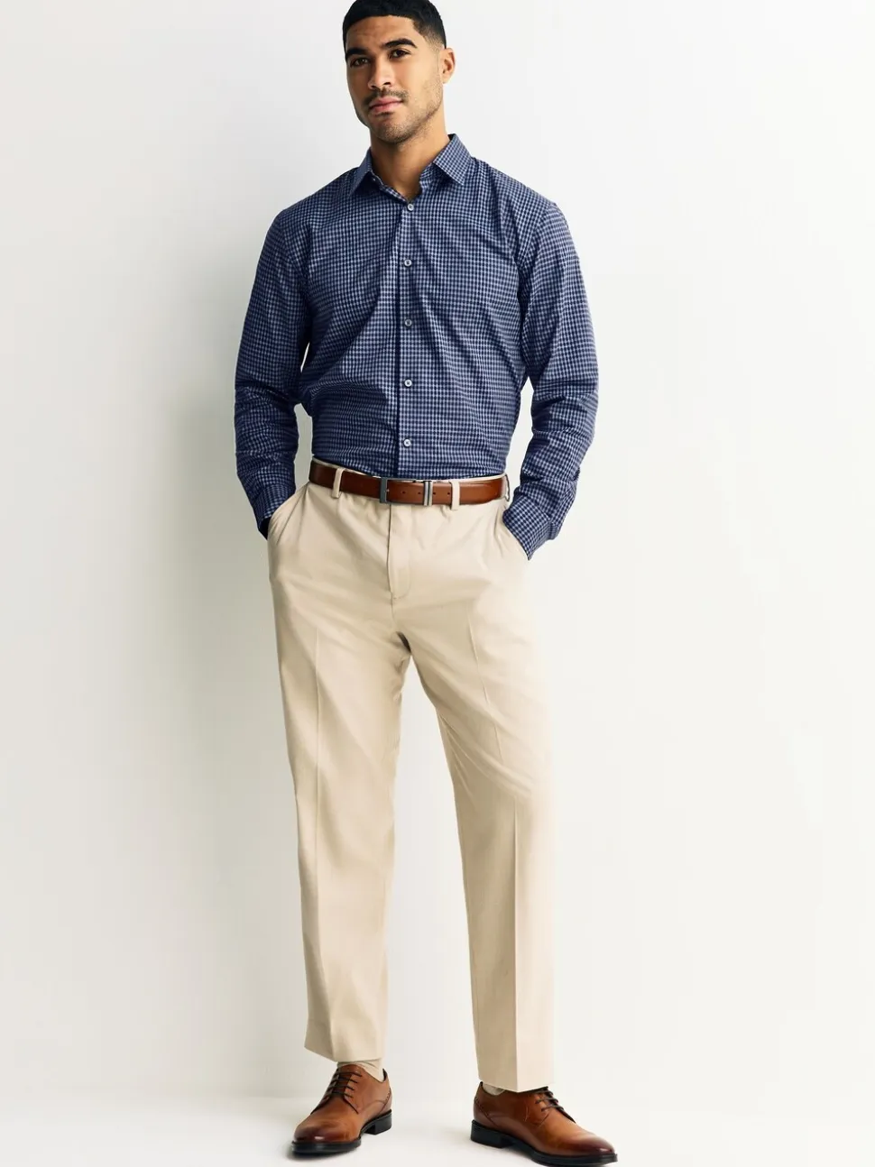 Marineblauw geruit - Long Sleeve Soft Touch Smart Shirt
