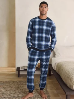 Marineblauw geruit - Motionflex - Behaaglijke pyjama met lange mouwen en boorden