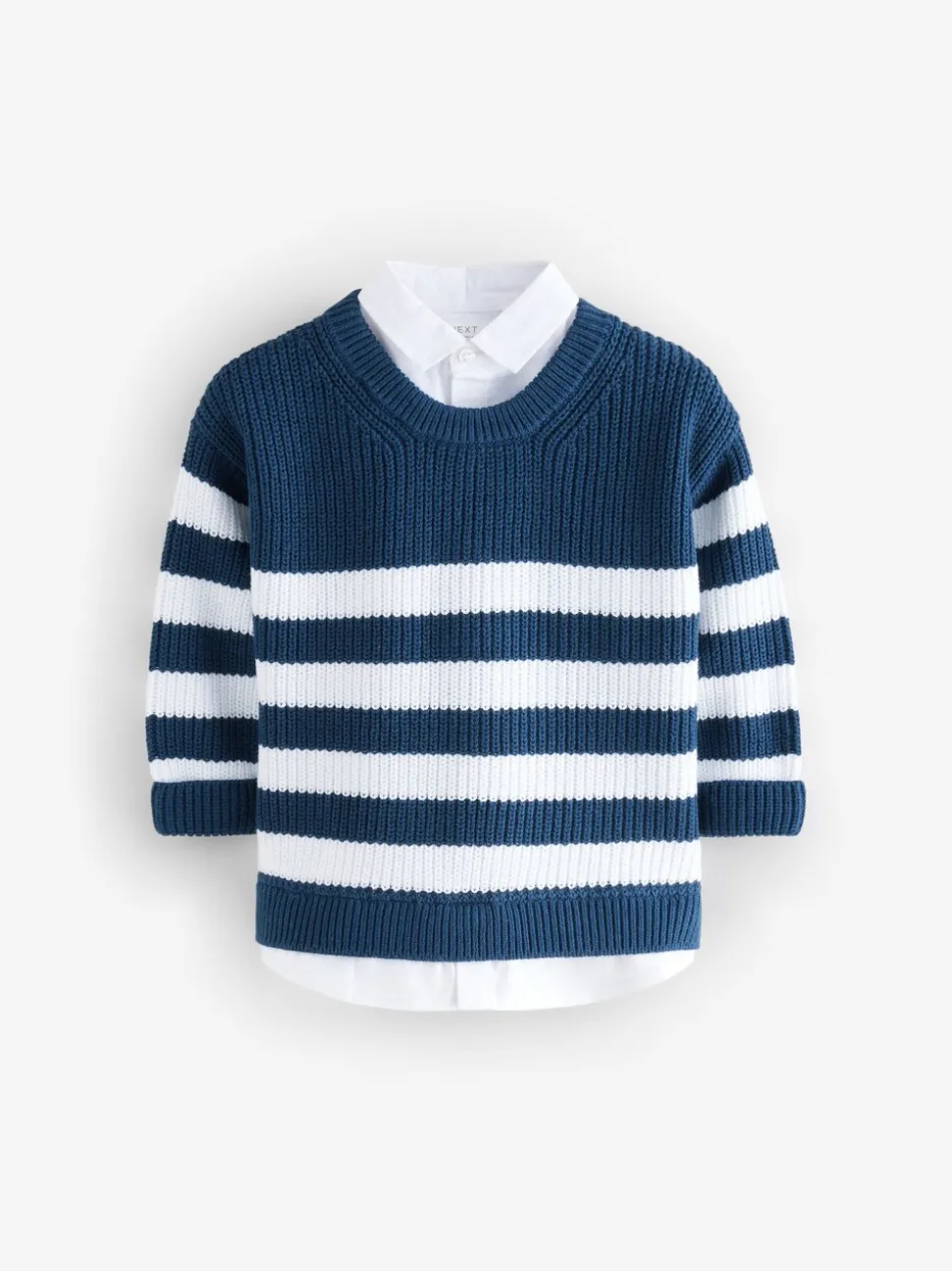Marineblauw gestreept - 100% katoenen gebreide trui met mock hals (3mnd-7jr)