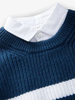 Marineblauw gestreept - 100% katoenen gebreide trui met mock hals (3mnd-7jr)