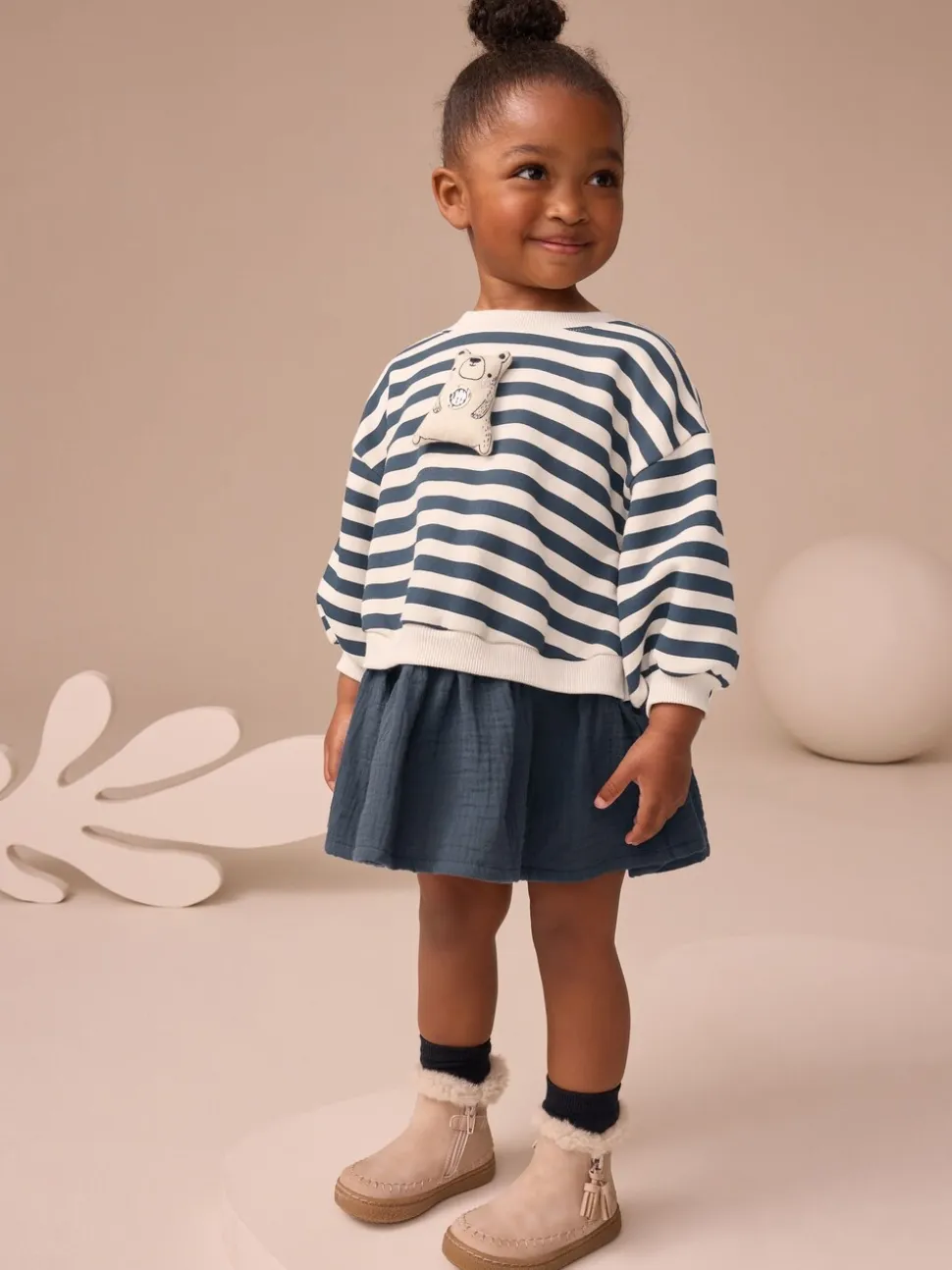 Marineblauw gestreept - Sweatjurk met mesh rok (3mnd -7jr)
