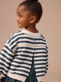 Marineblauw gestreept - Sweatjurk met mesh rok (3mnd -7jr)