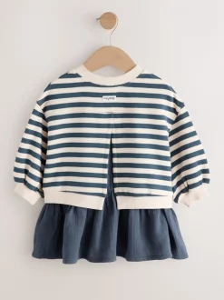 Marineblauw gestreept - Sweatjurk met mesh rok (3mnd -7jr)