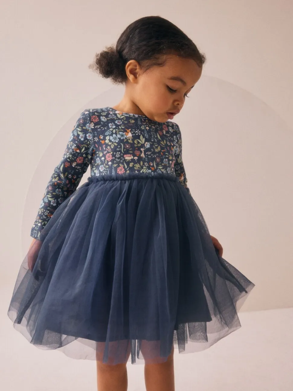 Marineblauw met bloemen - Feestjurk van mesh met lange mouwen (3mnd-7jr)