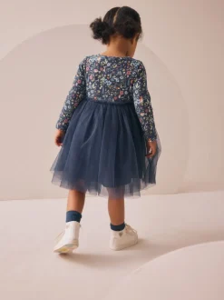 Marineblauw met bloemen - Feestjurk van mesh met lange mouwen (3mnd-7jr)