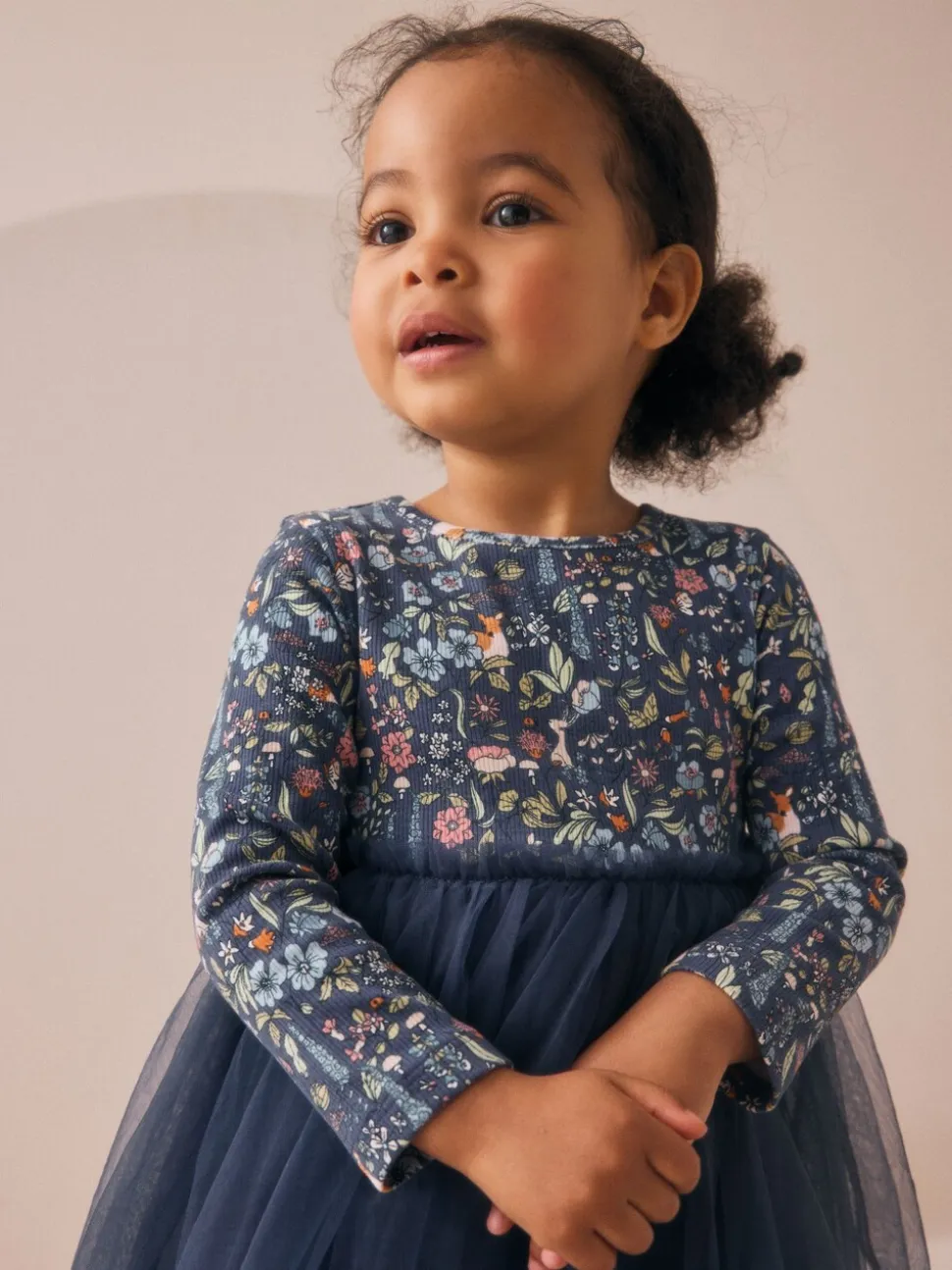 Marineblauw met bloemen - Feestjurk van mesh met lange mouwen (3mnd-7jr)