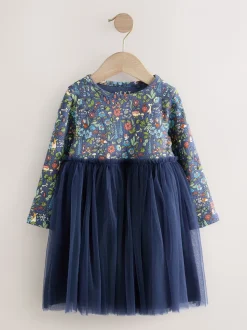 Marineblauw met bloemen - Feestjurk van mesh met lange mouwen (3mnd-7jr)