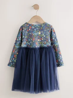 Marineblauw met bloemen - Feestjurk van mesh met lange mouwen (3mnd-7jr)