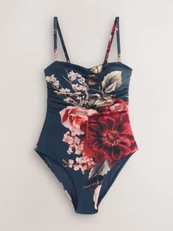 Marineblauw met bloemenprint - Vormgevend bandeaubadpak met buikcorrectie