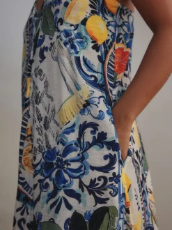 Marineblauw met bloemenprint - Fruit Print Volume Maxi Dress