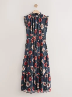 Marineblauw met bloemenprint - Gedrukte Maxi-jurk met hoge hals en tierlantijntjes