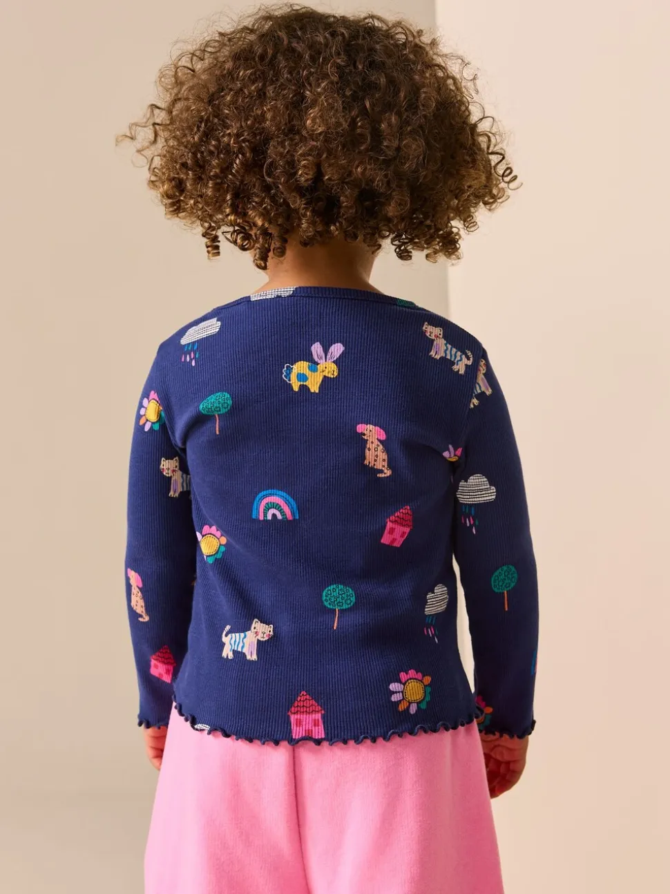 Marineblauw met katten- en hondenprint - Geribbeld T-shirt met lange mouwen (3mnd-7jr)